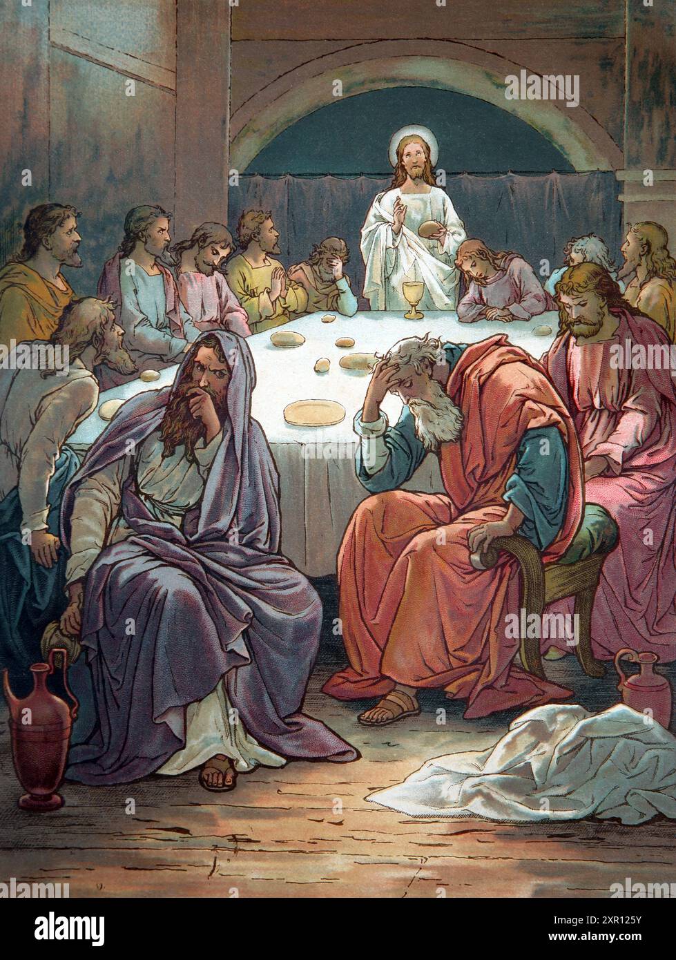 Illustrazione dell'ultima cena e di Giuda Iscariota che reggono una borsa d'argento dall'Antico libro del XIX secolo Dio è amore Bibbia immagini e storie per Foto Stock