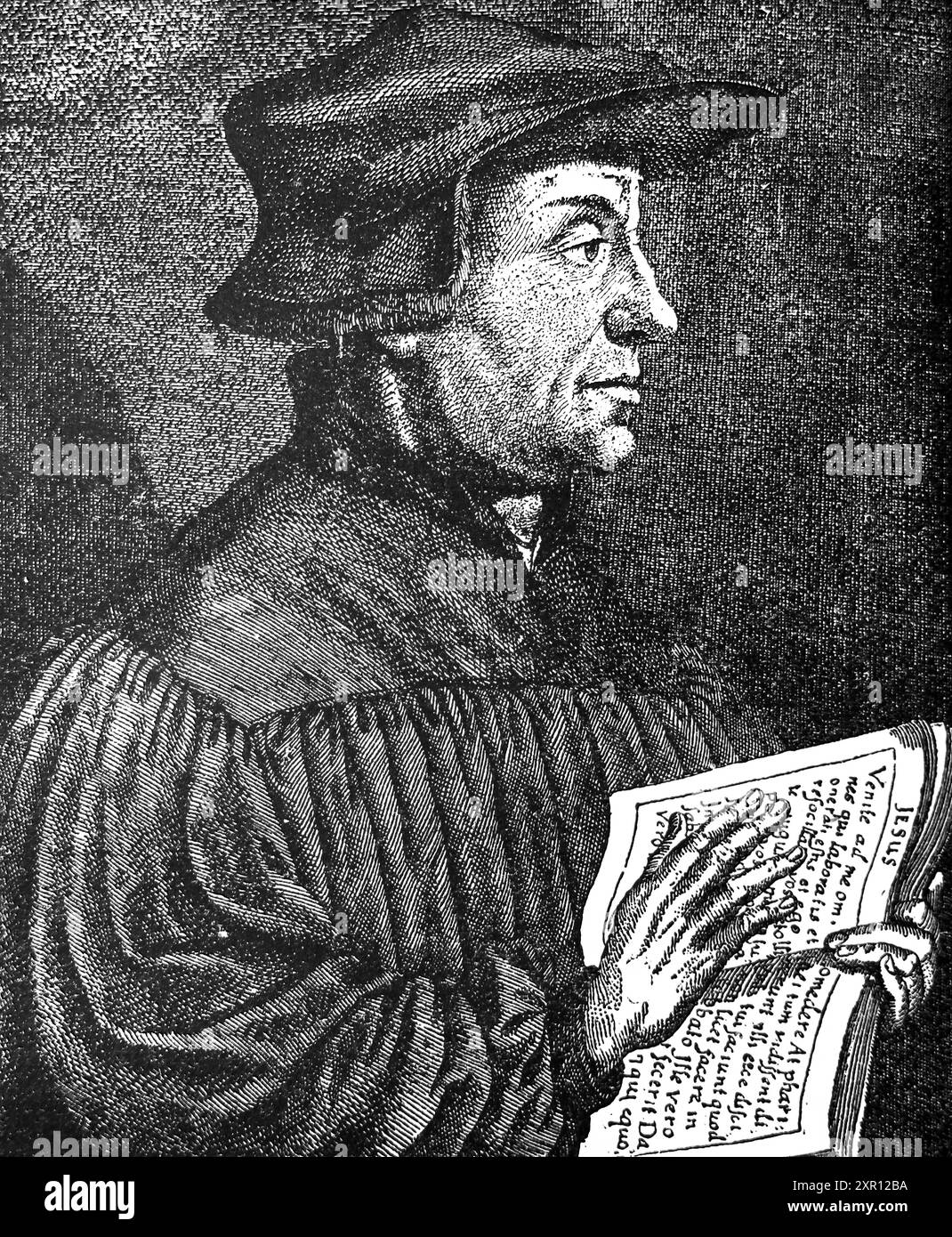 Profilo di Huldrych (Ulrich) Zwingli 1484-1531 riformatore e Pastore leader della riforma in Svizzera dalla vecchia incisione nel Libro la vita di LUT Foto Stock