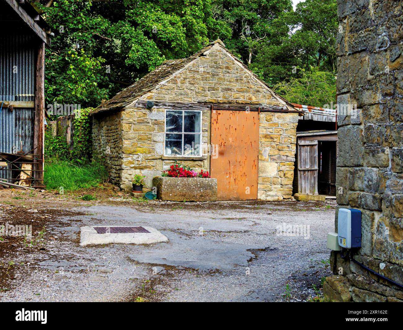 Un rustico capannone di pietra con una porta di stagno intemprata circondato da vegetazione lussureggiante e altri edifici agricoli. Hope Valley, Derbyshire, Regno Unito. Foto Stock
