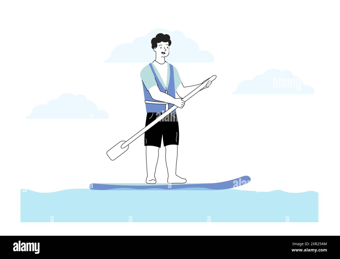 Uomo sulla tavola di sup. Giovane ragazzo che canta con il remi. Persona in tavola da surf in mare o nell'oceano. Stile di vita attivo e sport estremi. Viaggi e turismo. Vettore lineare Illustrazione Vettoriale