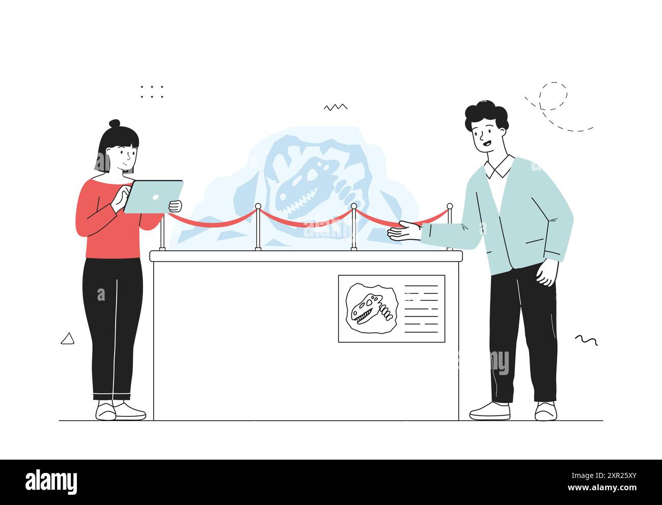 Visitatori del museo dei dinosauri. Uomo e donna vicino alle ossa di dinosauro, reperti preistorici. Persone con fossili. Turisti alla mostra storica. Vettore lineare Illustrazione Vettoriale
