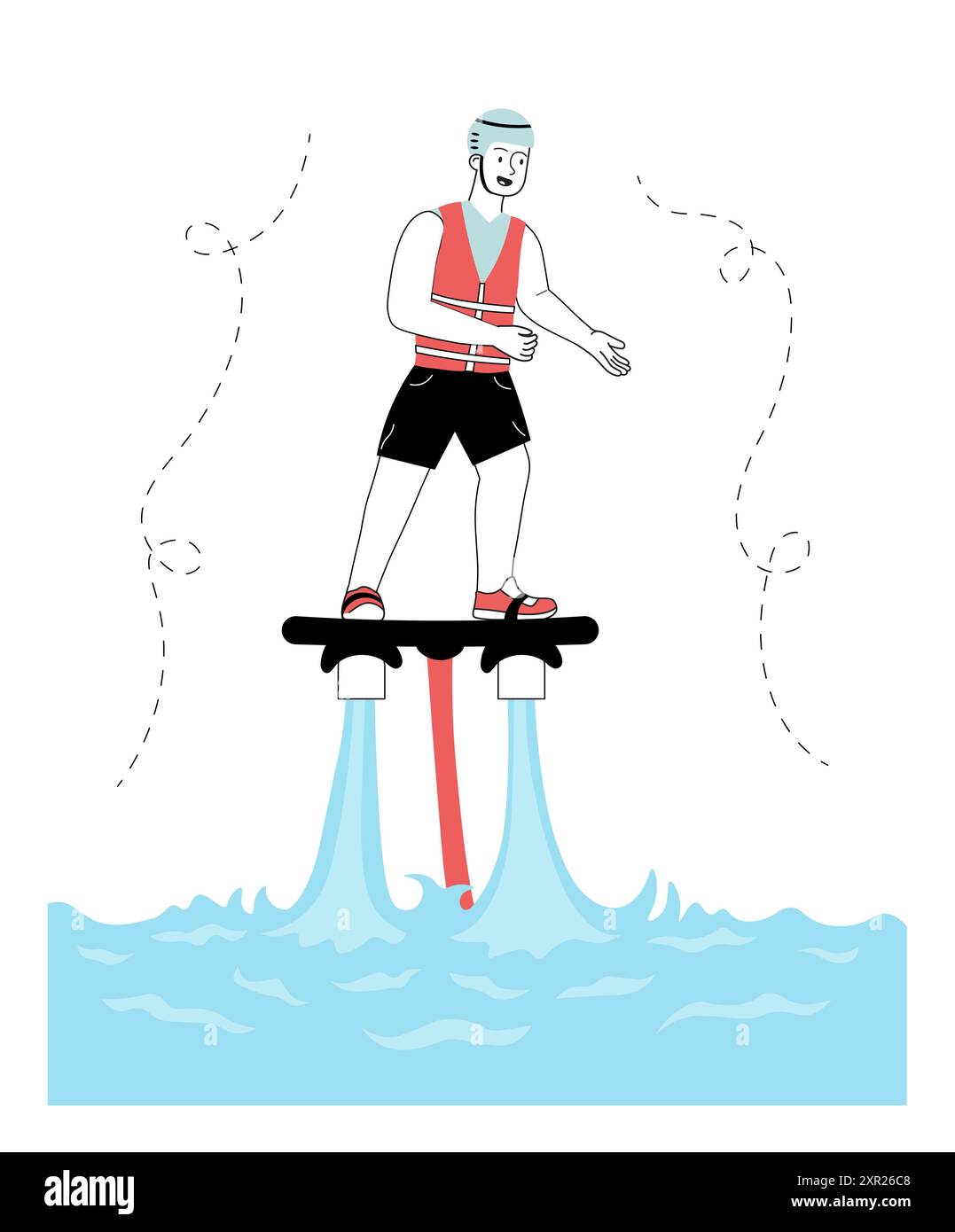 Uomo sul flyboard. Il giovane a bordo vola sull'acqua. Stile di vita attivo e sport estremi. Vacanze e vacanze in paesi tropicali. Vettore lineare Illustrazione Vettoriale
