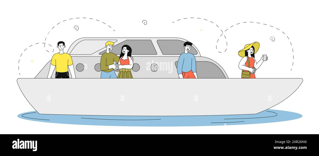 Fodera con le persone. Uomini e donne a bordo di una nave navigano in mare e nell'oceano. Turisti e viaggiatori in crociera e viaggio nautico. Vacanze e vacanze. Lineare Illustrazione Vettoriale