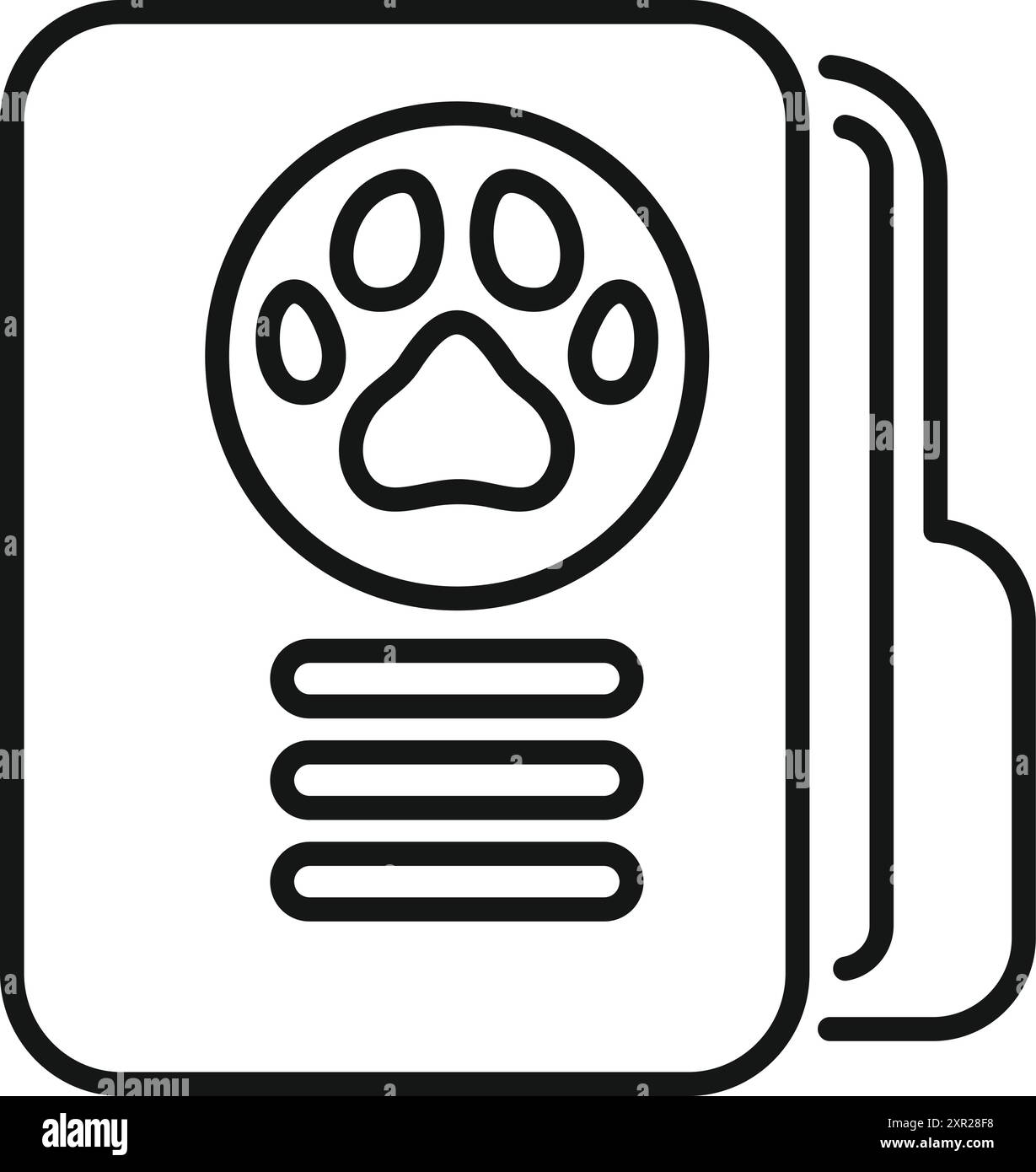 Disegno in linea di un passaporto per animali che mostra un'impronta della zampa, utilizzato per identificare un animale per viaggi internazionali Illustrazione Vettoriale