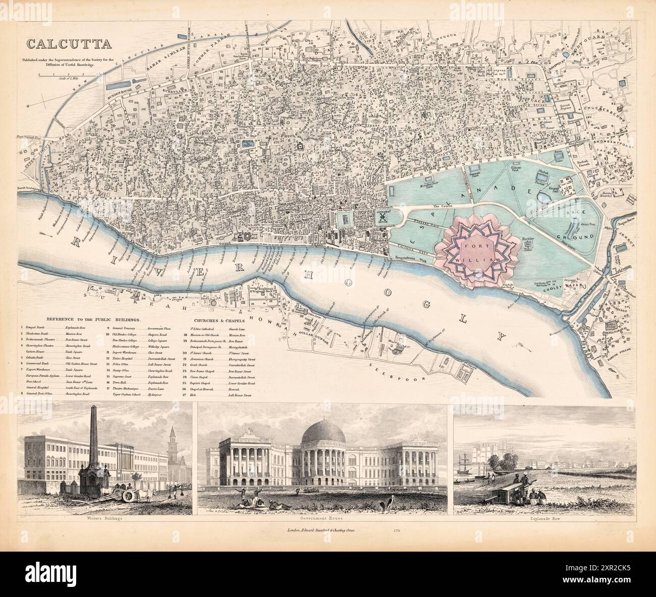 Mappa pittorica d'epoca della città di Calcutta, India. Di Society for the Diffusion of Useful Knowledge (Gran Bretagna), 1859 Foto Stock