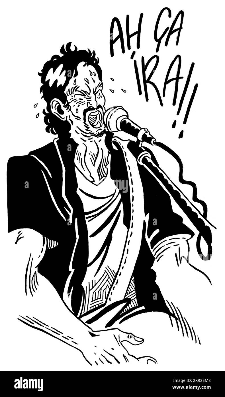 Illustrazione di Jo Duplantier della French Metal Band Gojira. Cantante e musicista, ritratto orizzontale disegnato a mano in bianco e nero. Foto Stock