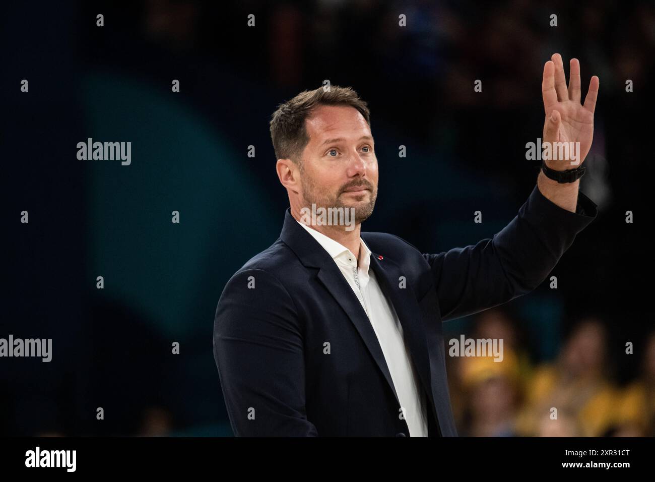 Thomas Pesquet, Basketball, Men&#39;s semifinale durante i Giochi Olimpici di Parigi 2024 l'8 agosto 2024 alla Bercy Arena di Parigi, Francia Foto Stock