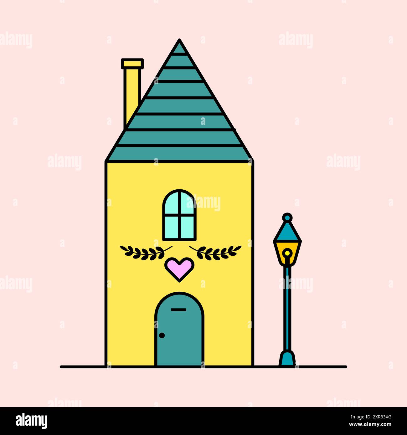Bella illustrazione della casa. Vettore edificio giallo. Dettaglio finestra cuore. Design con sfondo rosa. Illustrazione Vettoriale