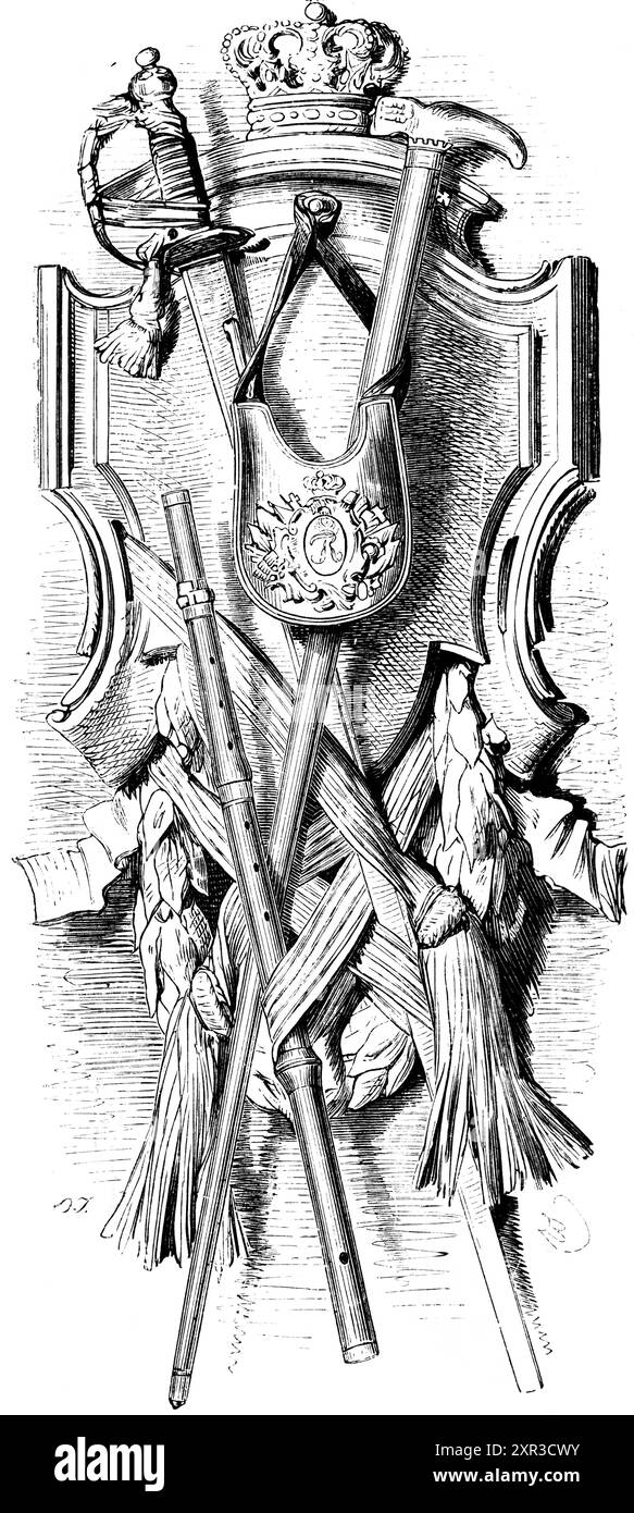 Alcuni dei pezzi di armamento di re Federico il grande e uso quotidiano, Prussia, illustrazione storica 1880 Foto Stock