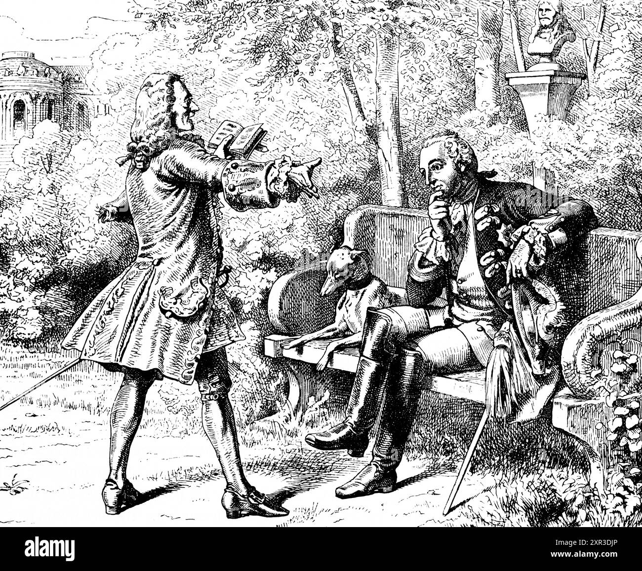 Il re prussiano Federico II il grande incontra il filosofo francese Voltaire nei giardini di Sanssouci, Potsdam, Prussia, illustrazione storica 1880 Foto Stock