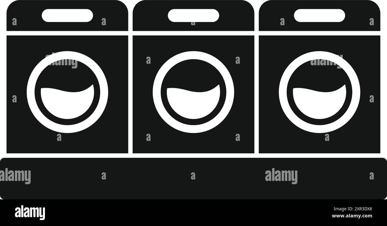 Icona nera semplice di tre lavatrici in fila, che rappresenta la lavanderia automatica o self service Illustrazione Vettoriale
