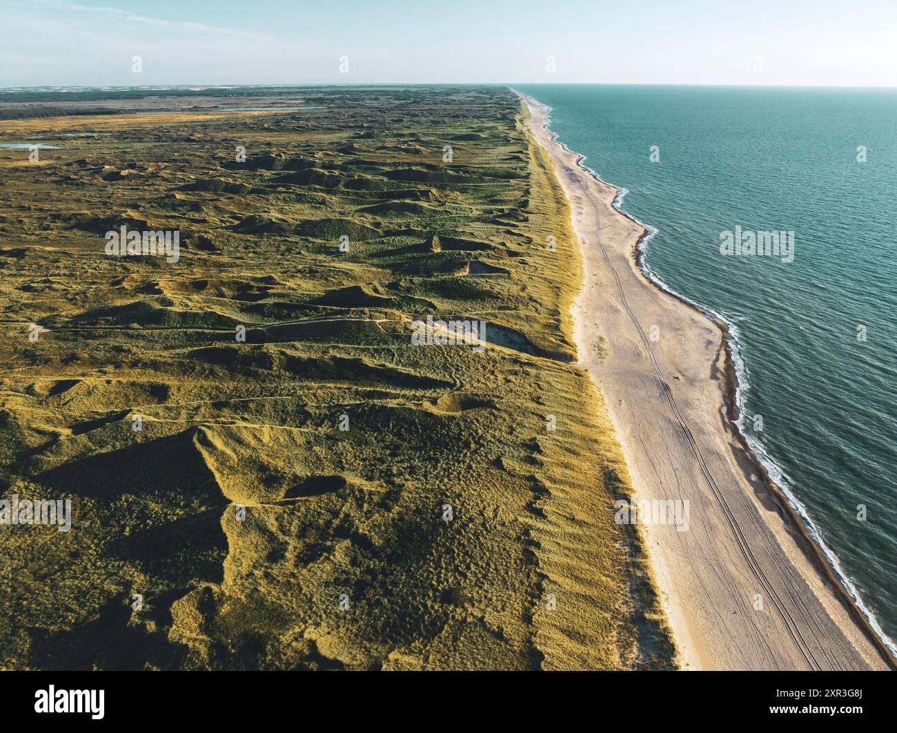 Vista aerea delle dune di sabbia del parco nazionale Thy sulla costa occidentale della Danimarca Foto Stock