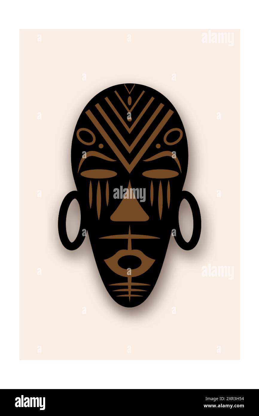 Maschera africana rituale tribale etnico illustrazione vettoriale piatto maschera rituale primitivo dei selvaggi. Incisione vintage con design artistico. Aztechi afro Maya indiani Illustrazione Vettoriale