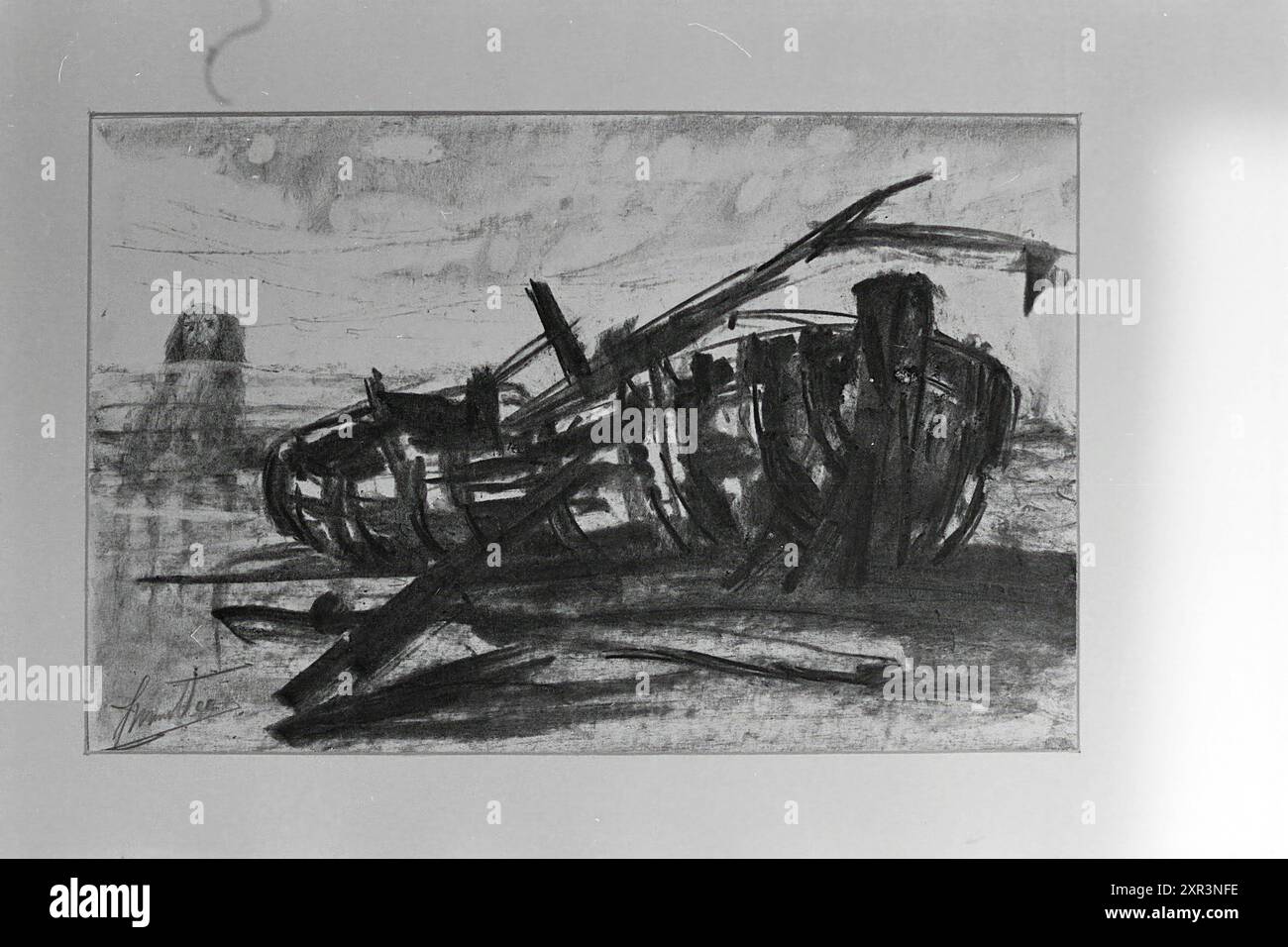 Disegno a carbone di una nave spiaggiata, Whizgle Dutch News: Immagini storiche su misura per il futuro. Esplora il passato dei Paesi Bassi con prospettive moderne attraverso le immagini delle agenzie olandesi. Colmare gli eventi di ieri con gli approfondimenti di domani. Intraprendi un viaggio senza tempo con storie che plasmano il nostro futuro. Foto Stock