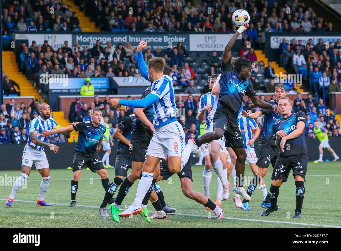 Kilmarnock, Regno Unito. 8 agosto 2024. Il Kilmarnock FC ha giocato a Tromso il al Rugby Park, Kilmarnock, Ayrshire, Scozia, Regno Unito nella prima tappa di un EURO pareggio della European Conference League. Il punteggio finale è stato Kilmarnock 2 - 2 Tromso, con la seconda tappa disputata il 15 agosto in Norvegia. I gol sono stati segnati da K Vassell, Kilmarnock 9 (6 minuti), B Wales, Kilmarnock 24 (90 2 minuti), J Romsaas, Tromso 10 (50 minuti) e L Nordas, Tromso 9 (64 minuti). Crediti: Findlay/Alamy Live News Foto Stock