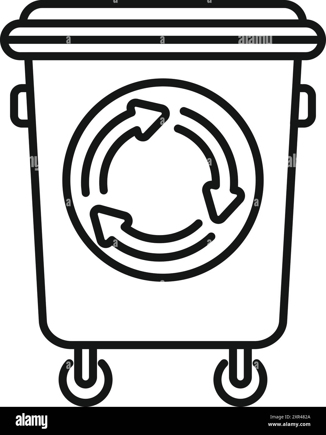 Disegno in linea di un contenitore di riciclaggio con simbolo di riciclaggio, che suggerisce consapevolezza ambientale e gestione dei rifiuti Illustrazione Vettoriale
