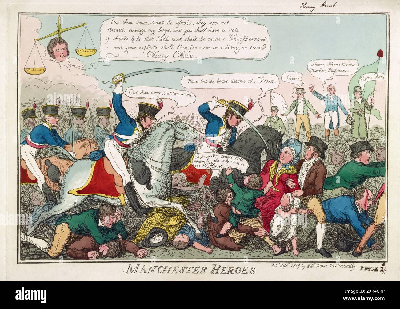 Una stampa a cartoni animati incisione colorata degli eroi di Manchester - Manchester Yeomanry che incassa una folla nel st Peters Field 1819, reggimento di cavalleria Peterloo Massacre acquerello su carta caricature umane epoca georgiana del XIX secolo creata da Robert Cruikshank arte d'epoca antica arte arte evento storico Foto Stock