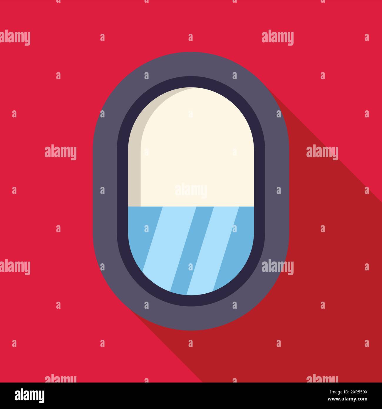 Finestra dell'aereo che si affaccia su un cielo blu con nuvole dal punto di vista di un passeggero su un volo commerciale Illustrazione Vettoriale