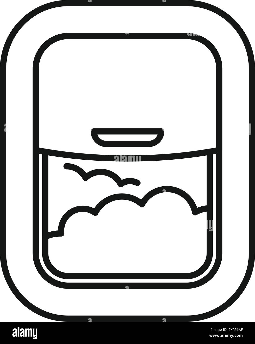 Semplice disegno in linea di una finestra di un aereo che mostra nuvole e uccelli che volano Illustrazione Vettoriale