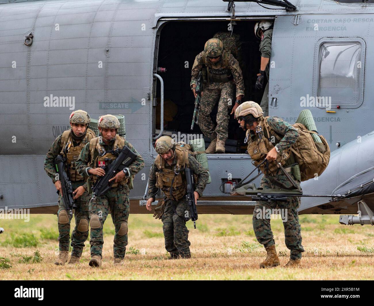 I Marines di fanteria navale peruviana escono da un H-3 Sea King peruviano per condurre una prova d'assalto aereo presso l'area di addestramento del corpo dei Marines Bellows, Hawaii, 25 luglio 2024. La prova d'assalto aereo fu uno sforzo congiunto che coinvolse gli Stati Uniti e i partner alleati per l'esercitazione Rim of the Pacific (RIMPAC) 2024 per migliorare l'interoperabilità. Ventinove nazioni, 40 navi di superficie, tre sottomarini, 14 forze terrestri nazionali, più di 150 aerei e 25.000 personale partecipano al RIMPAC nelle e intorno alle isole Hawaii, dal giugno 27 al agosto 1. Il RIMPAC, il più grande esercizio marittimo internazionale al mondo, offre un'esperienza unica Foto Stock