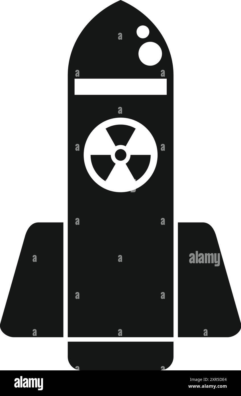 Icona in bianco e nero di un razzo atomico che trasporta una testata nucleare, che rappresenta la minaccia di una guerra nucleare globale Illustrazione Vettoriale