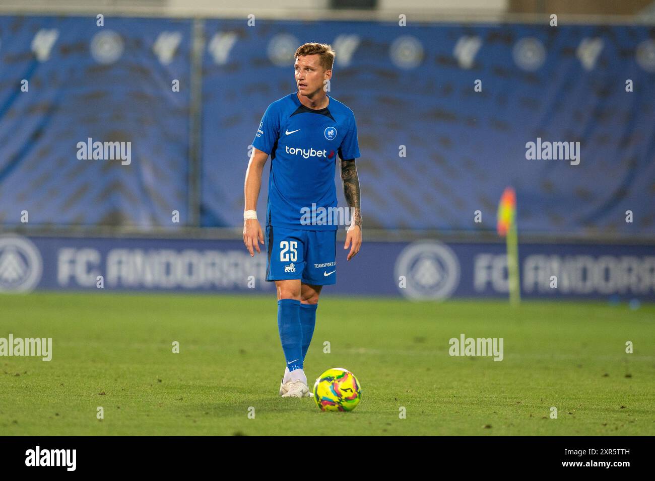 Andorra la Vella, Andorra : 8 agosto 2024 : PETR MAREŠ del RIGAS FS LVA in azione durante la seconda fase della UEFA Europa League - terza qualificazione RO Foto Stock