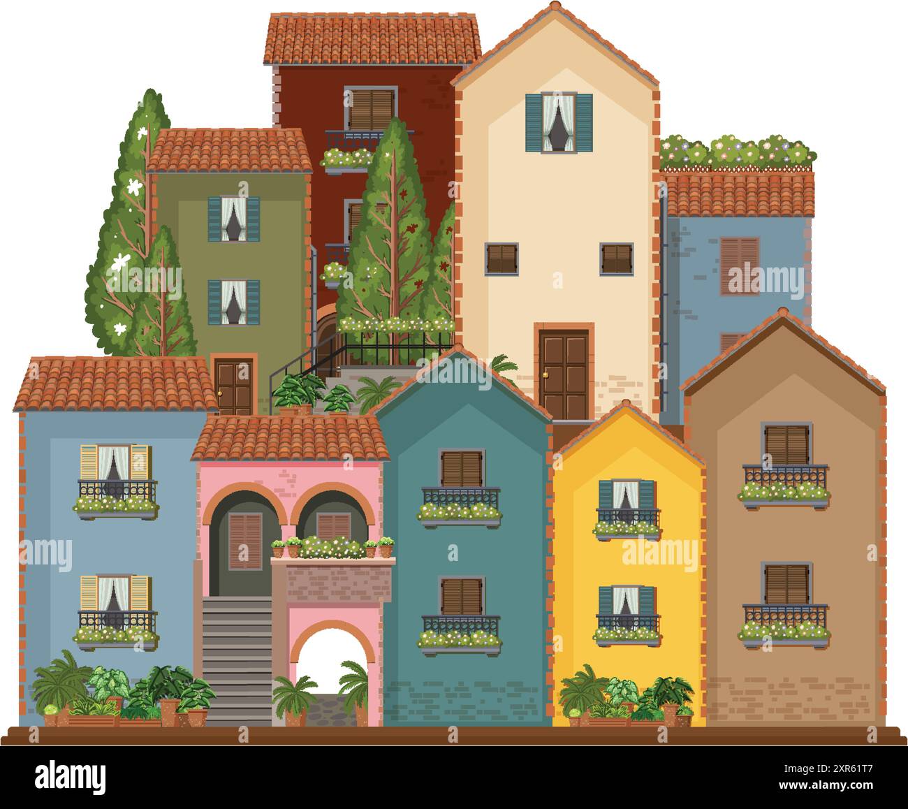 Case incantevoli con piante e balconi Illustrazione Vettoriale