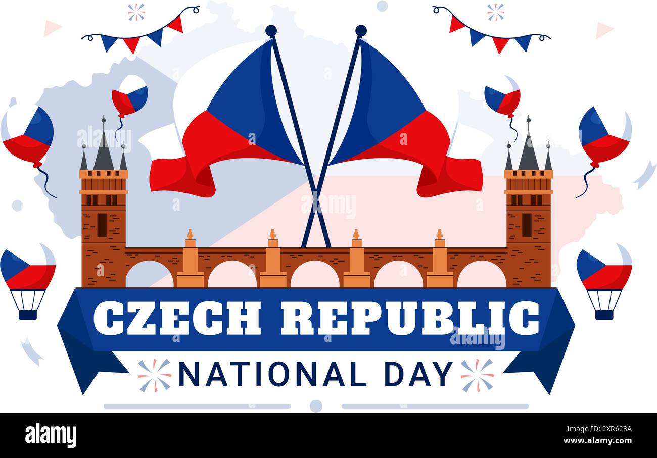 Felice illustrazione vettoriale della Festa Nazionale della Repubblica Ceca il 28 settembre con una bandiera ondulata in celebrazioni e festival sfondo di cartone animato in stile piatto Illustrazione Vettoriale