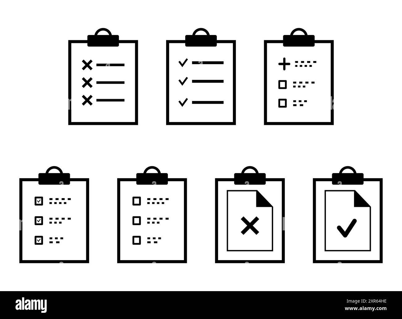 Icone del documento. Icone degli Appunti con segno di spunta approvate isolate. Illustrazione Vettoriale