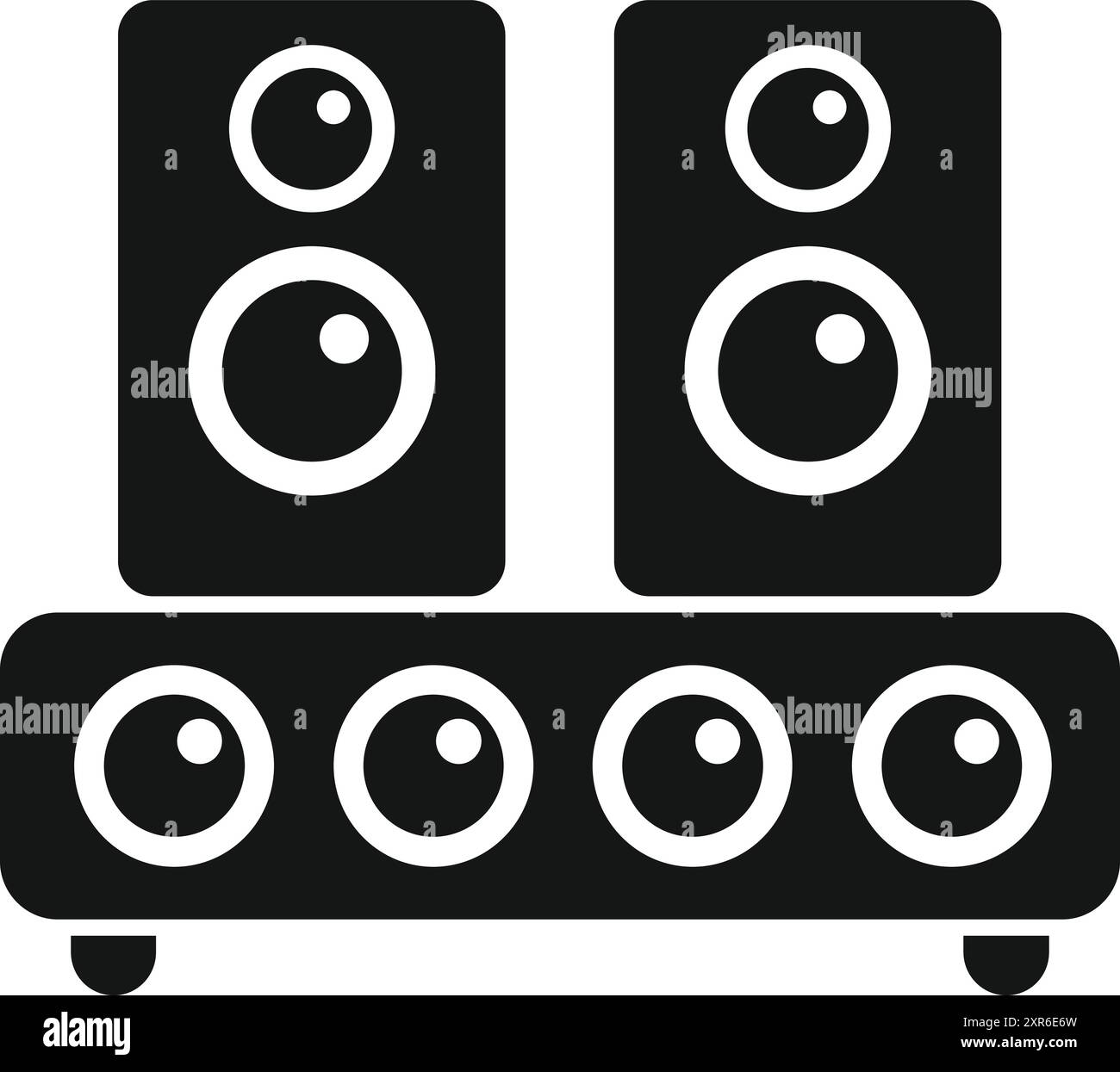 Icona nera con glifo per un potente sistema audio con altoparlanti e subwoofer per la riproduzione di musica ad alto volume Illustrazione Vettoriale