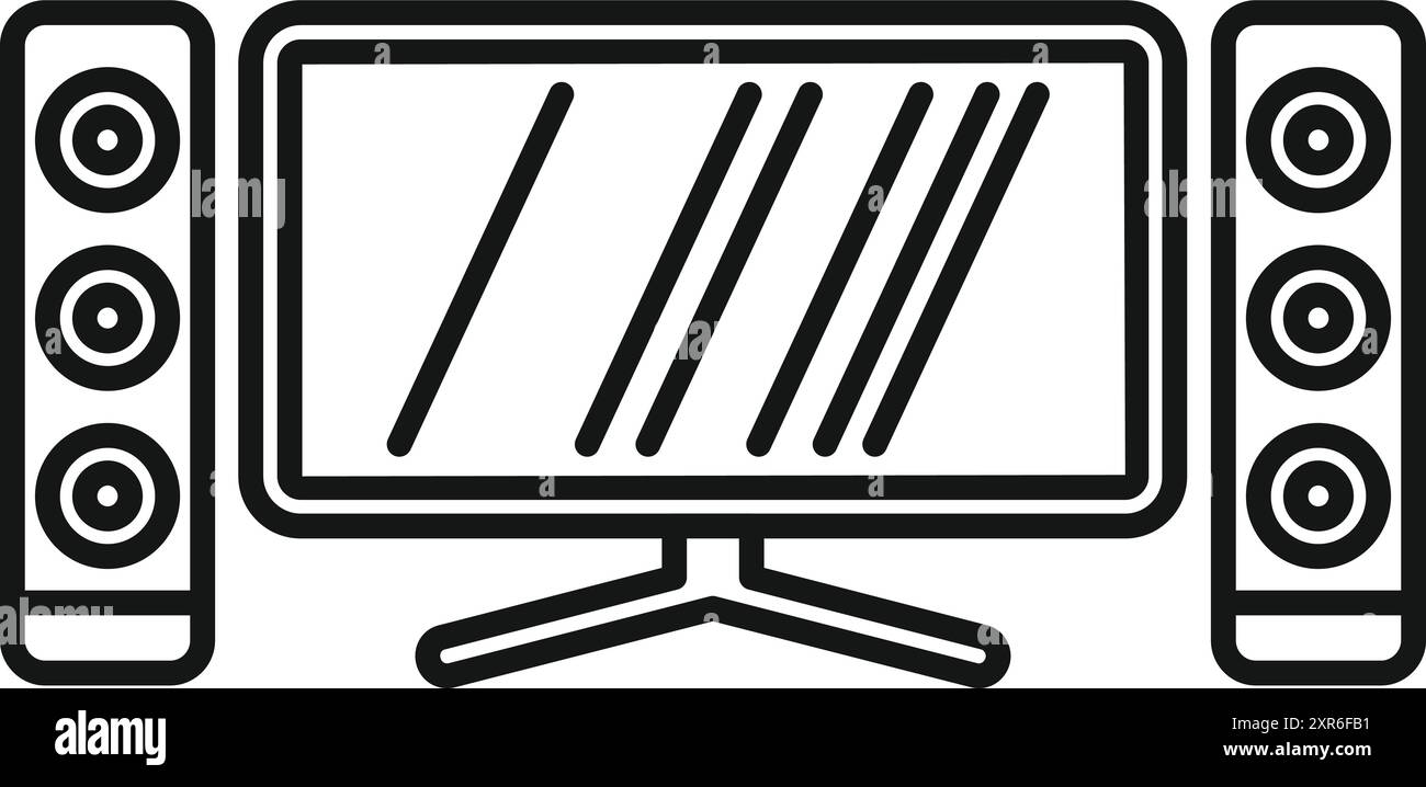 Disegno minimalista di un sistema di Home Cinema con due altoparlanti audio e un grande schermo Illustrazione Vettoriale