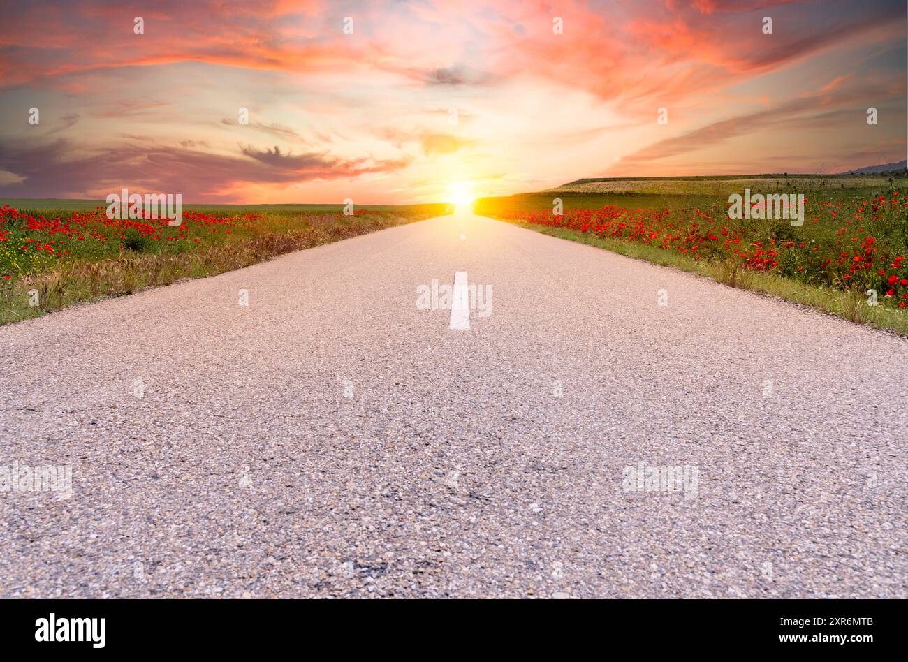 Tramonto alla fine di una strada di campagna dritta a Castilla y Leon, Spagna. Foto Stock