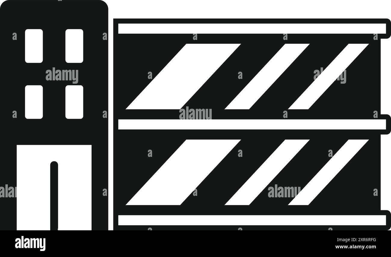 Semplice icona in bianco e nero di una facciata a più piani di un edificio di parcheggio auto Illustrazione Vettoriale