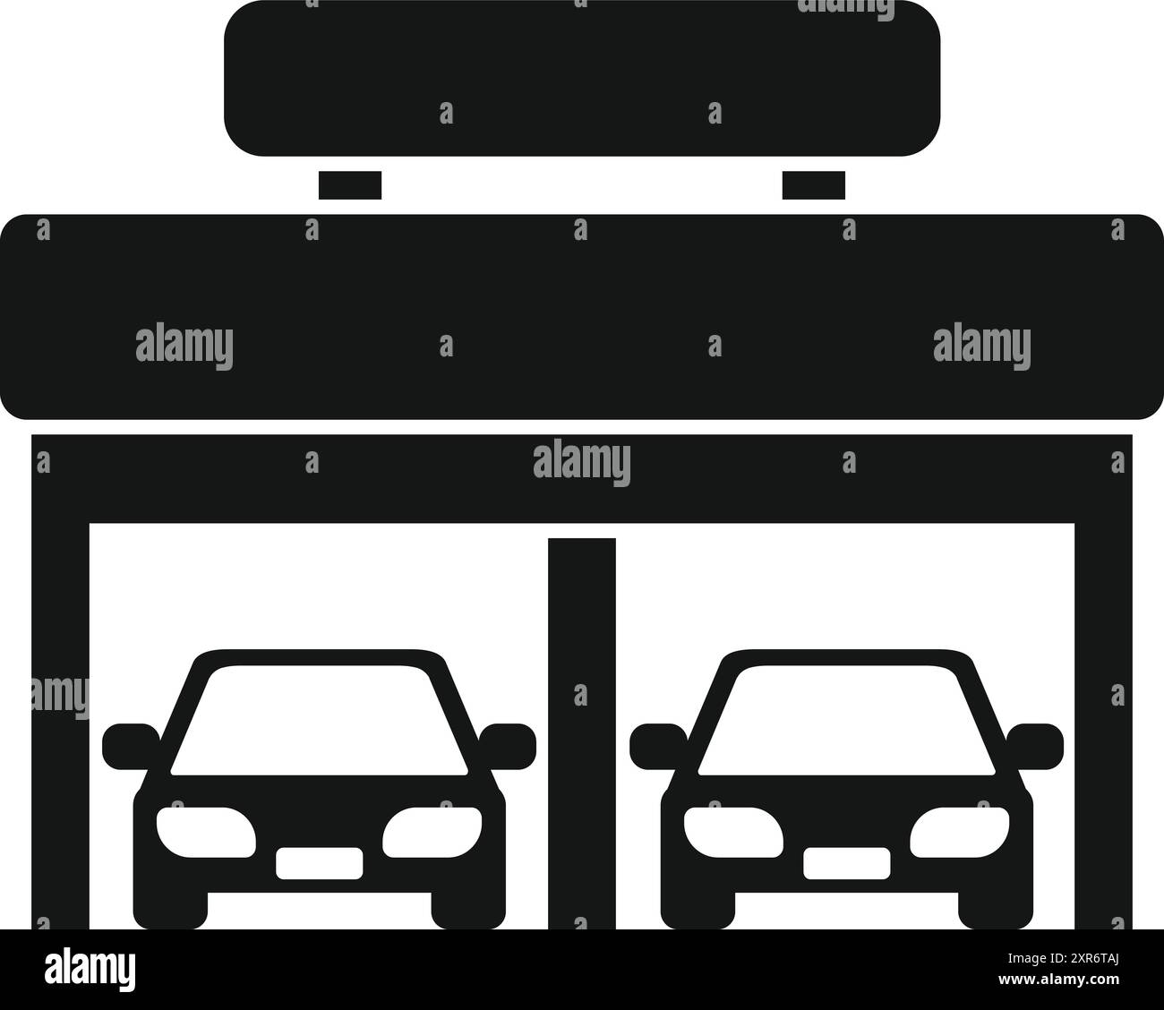 Garage con due auto parcheggiate all'interno, che rappresenta le infrastrutture urbane e i trasporti Illustrazione Vettoriale