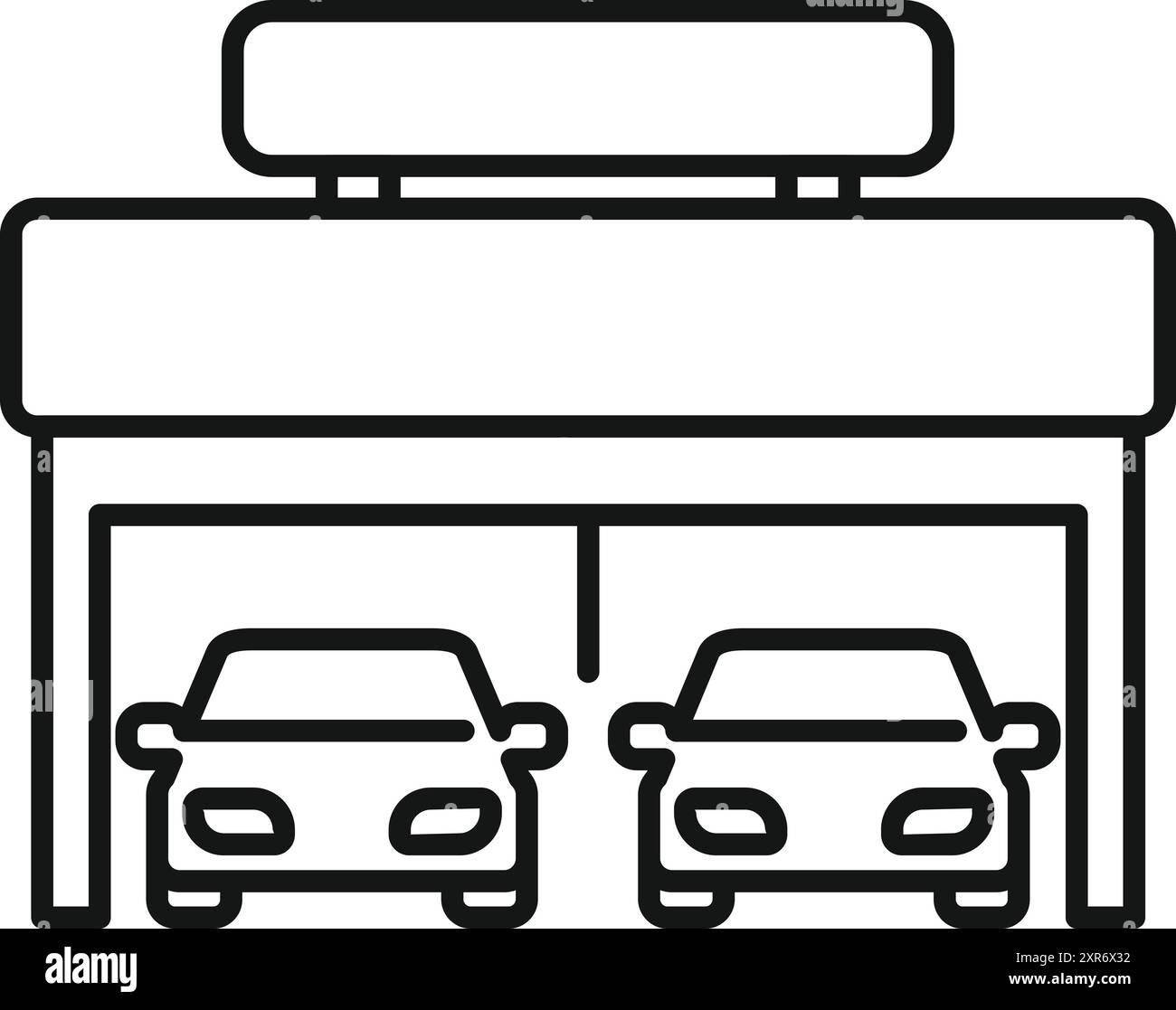 Disegno in linea di un moderno edificio con due auto parcheggiate all'interno Illustrazione Vettoriale