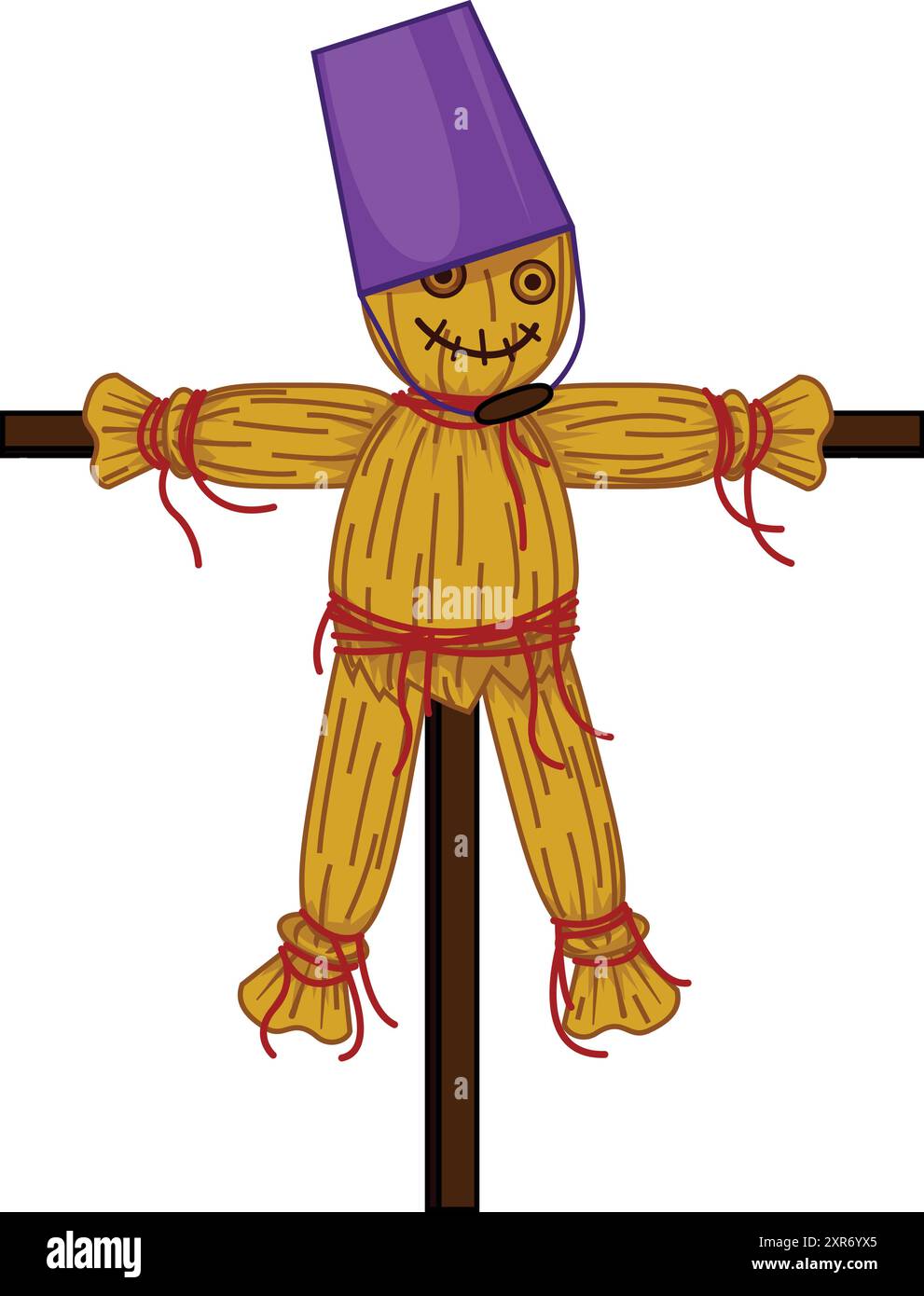 Spaventapasseri sorridenti che indossano un cappello viola, in piedi a braccia aperte su una croce di legno Illustrazione Vettoriale