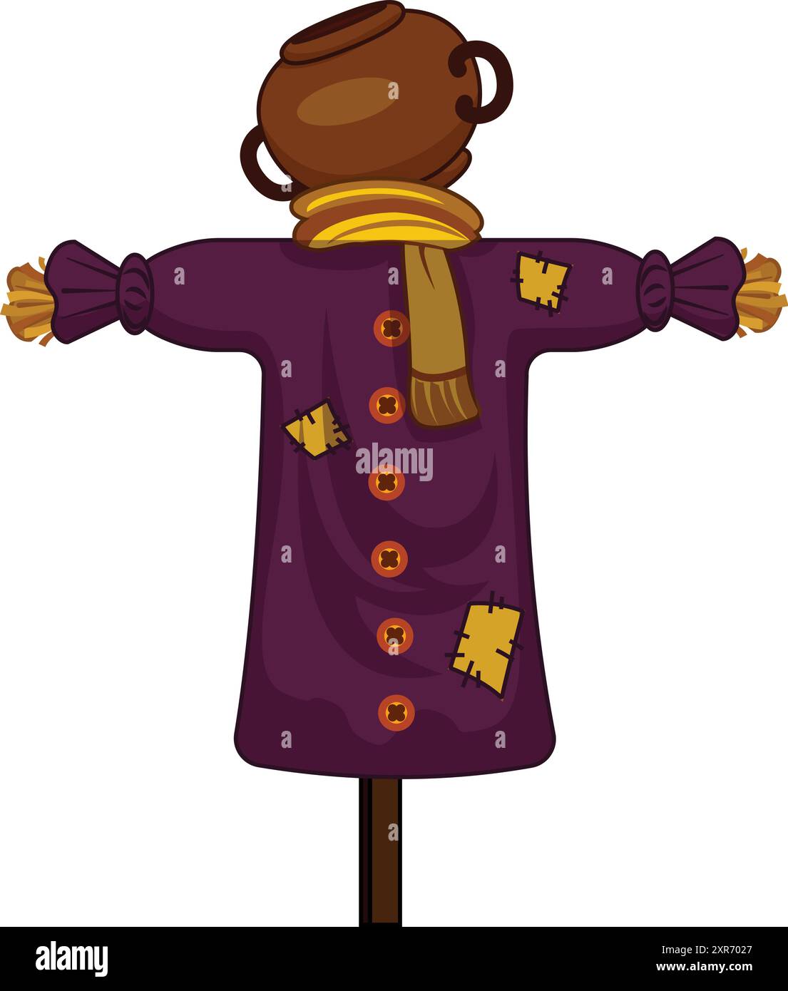 Lo spaventapasseri dei cartoni animati indossa una camicia con patch viola e una sciarpa gialla, che spaventano gli uccelli Illustrazione Vettoriale