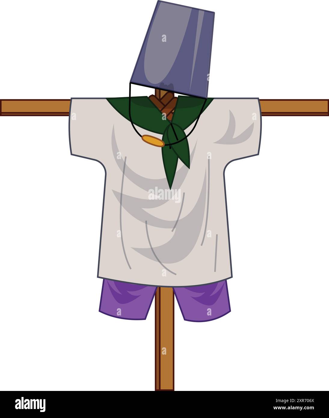 Lo Spaventapasseri è in piedi in un campo, indossa un cappello da secchio e protegge i raccolti Illustrazione Vettoriale