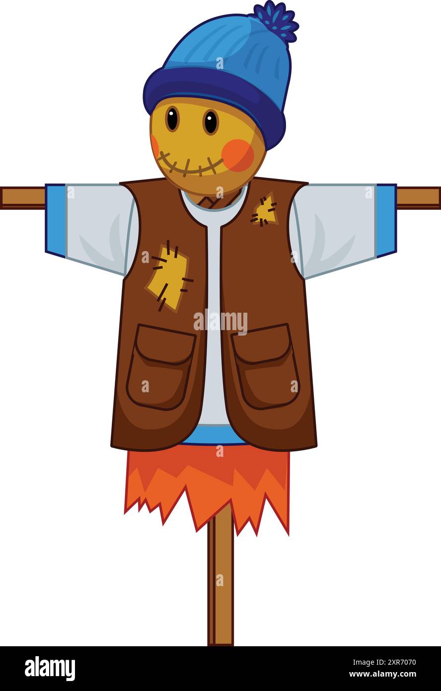 Spaventapasseri sorridenti che indossano un cappello in maglia blu in piedi in un campo Illustrazione Vettoriale