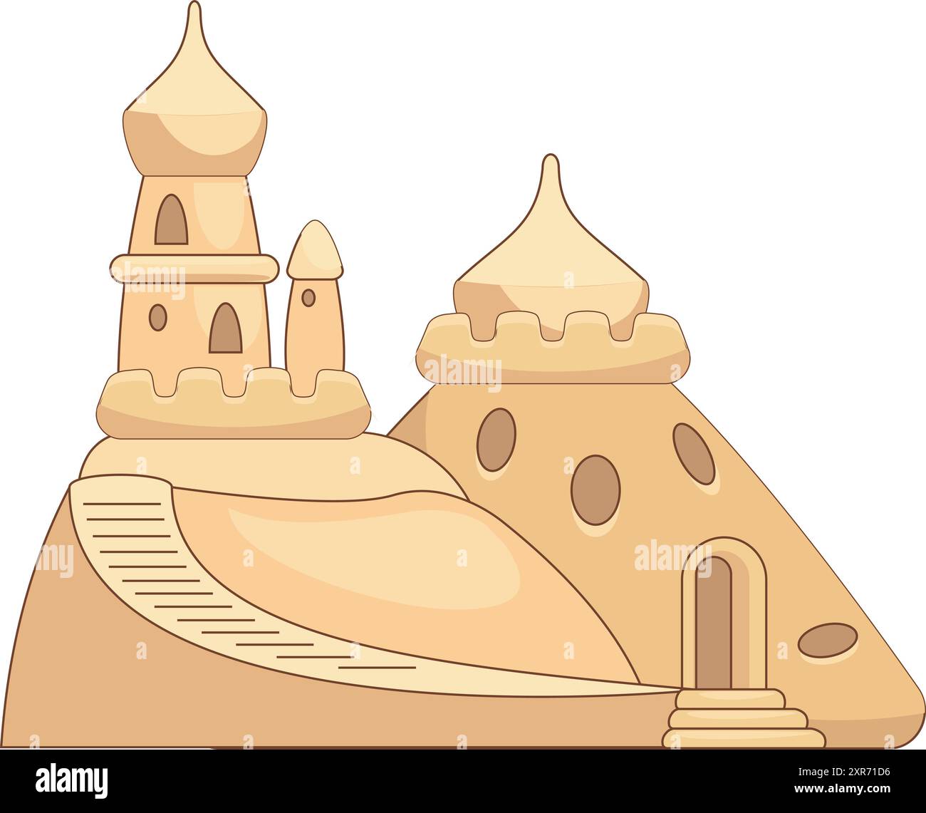 Grande e dettagliato castello di sabbia in piedi su una spiaggia, perfetto per argomenti come le vacanze estive o l'infanzia Illustrazione Vettoriale