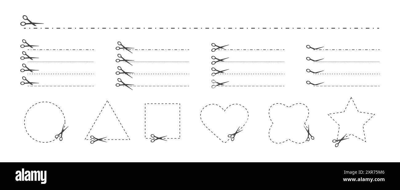 Tagliare qui. Taglio a forbice nero. Set di linee e forme tratteggiate tagliate isolate su sfondo bianco. Semplice illustrazione vettoriale. Tagliare la carta Illustrazione Vettoriale