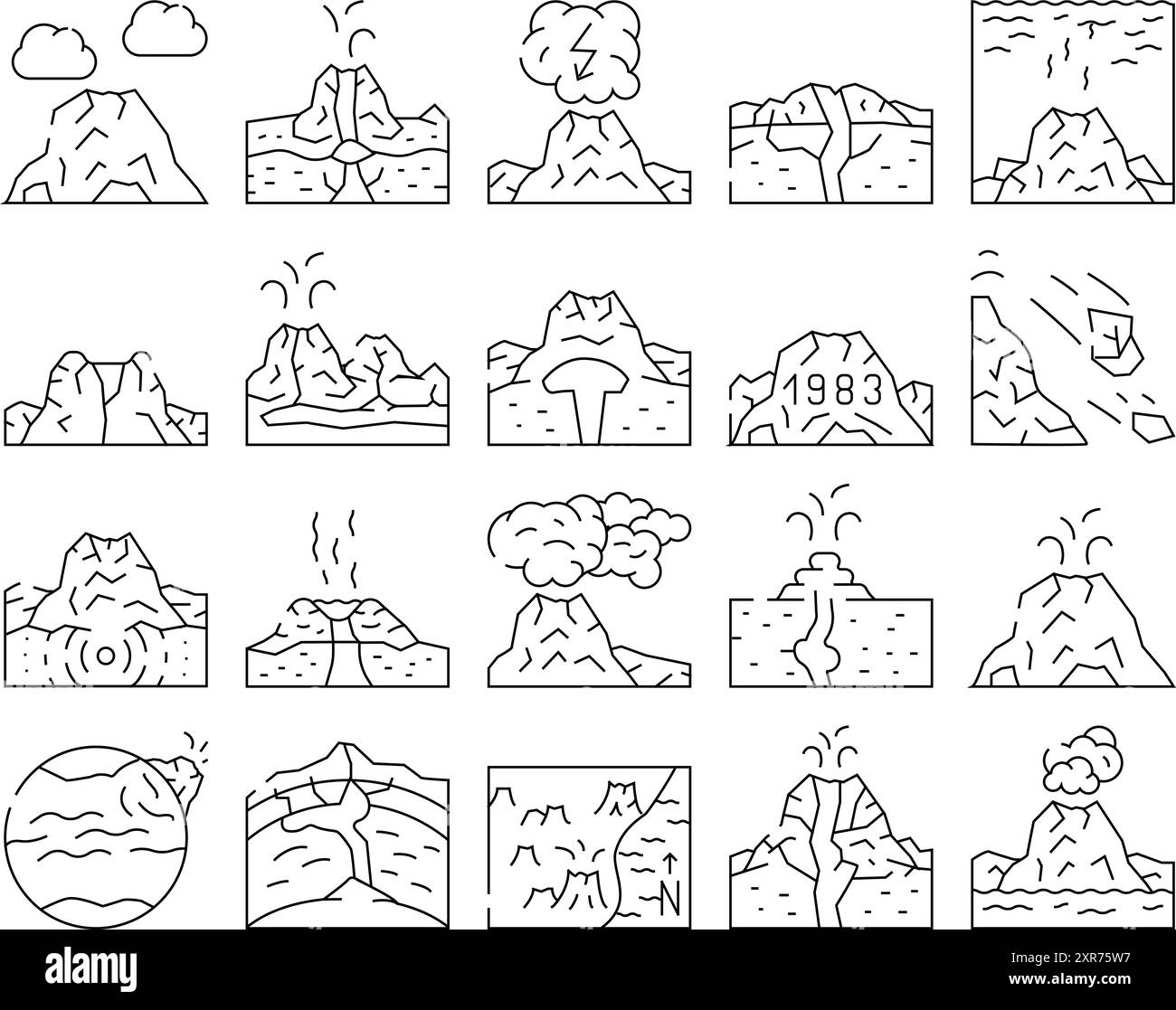 Vulcano Lava eruzione raccolta icone Set vettore Illustrazione Vettoriale