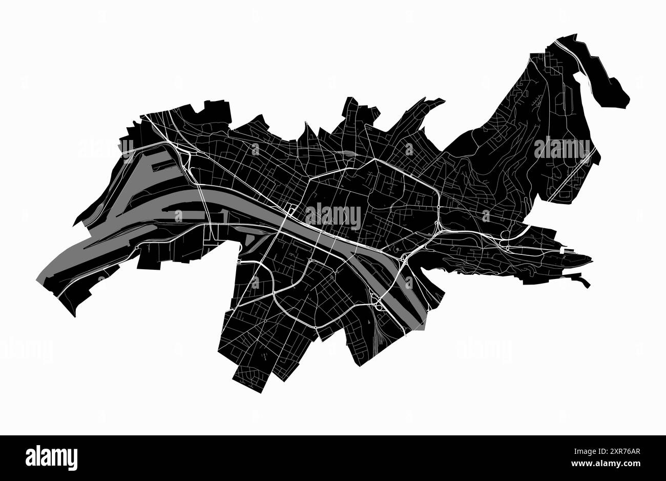 Mappa di Rouen, Francia. Mappa vettoriale dettagliata della città, area metropolitana. Mappa stradale in bianco e nero con strade e acqua. Illustrazione Vettoriale