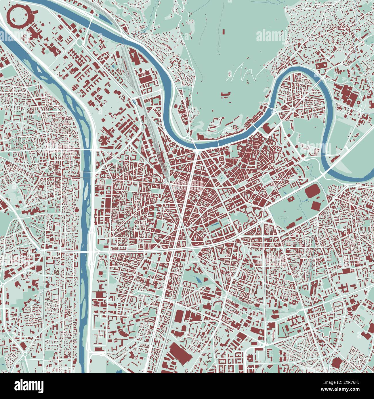 Mappa di Grenoble, Francia. Mappa della città, mappa vettoriale con edifici e strade, parchi e fiumi. Illustrazione Vettoriale