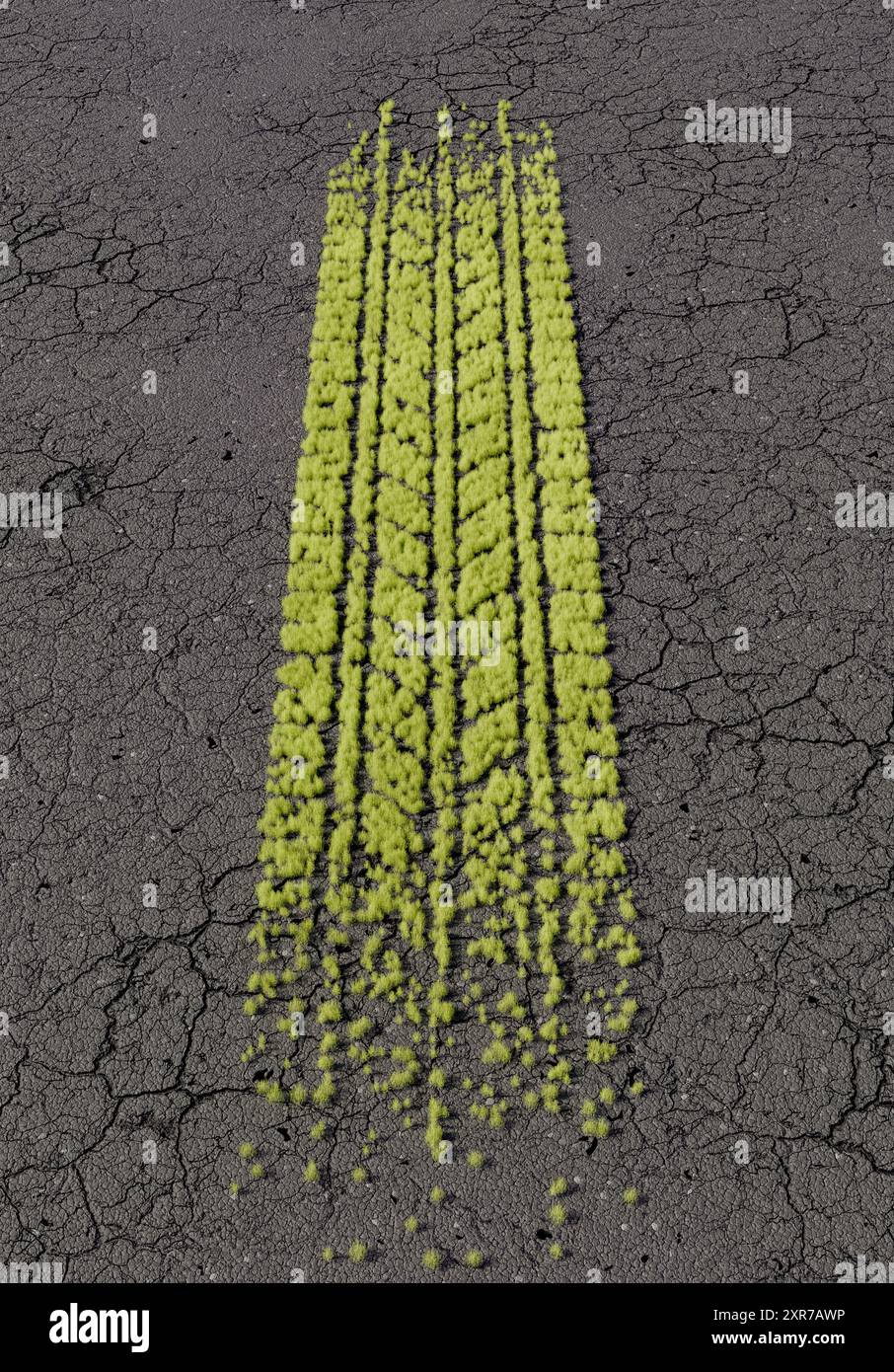 Rendering in 3D di vivaci segni di erba verde nello schema delle tracce degli pneumatici su una superficie di asfalto grigia incrinata. concetto di impatto ambientale. Foto Stock