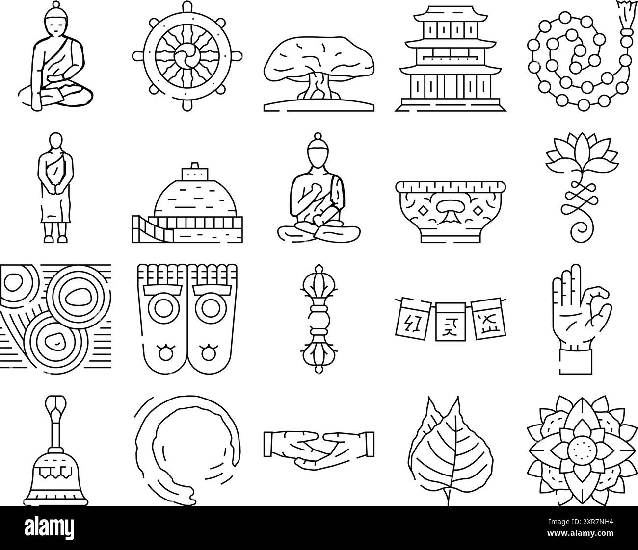 religione buddista buddha thailandia icone set vettoriale Illustrazione Vettoriale