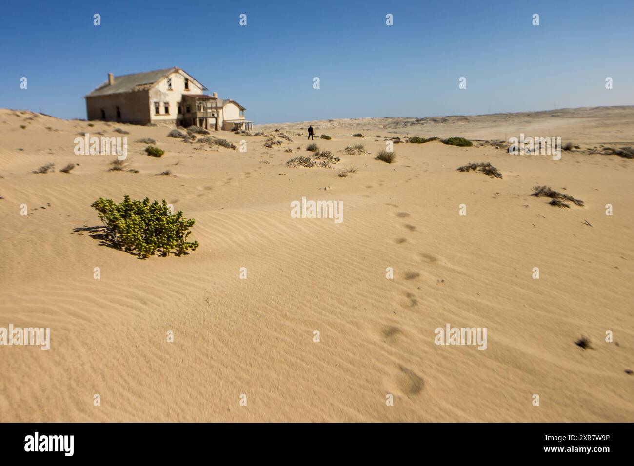 Una singola serie di impronte che conducono verso una villa abbandonata e abbandonata nella città fantasma di Kolmannskuppe nel deserto meridionale del Namib. Foto Stock