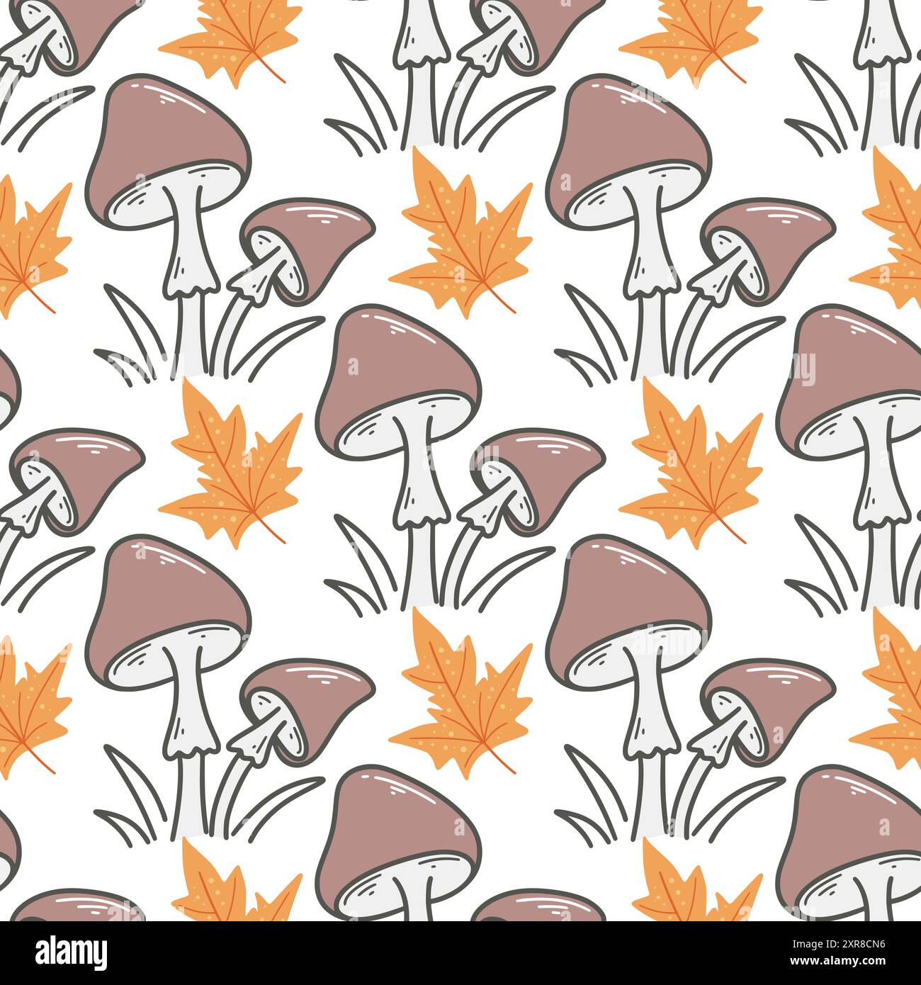 Funghi e acero giallo foglie senza cuciture. Fondo di funghi della foresta autunnale. Stampa il fogliame autunnale e raccogli i funghi per tessuti e imballaggi Illustrazione Vettoriale
