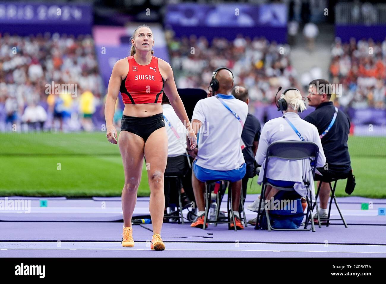 Parigi, Francia. 7 agosto 2024. PARIGI, FRANCIA - 7 AGOSTO: La Svizzera Angelica Moser reagisce dopo il suo salto di successo durante la finale della Vault femminile il dodicesimo giorno dei Giochi Olimpici di Parigi 2024 allo Stade de France il 7 agosto 2024 a Parigi, Francia. (Daniela Porcelli/SPP) credito: SPP Sport Press Photo. /Alamy Live News Foto Stock