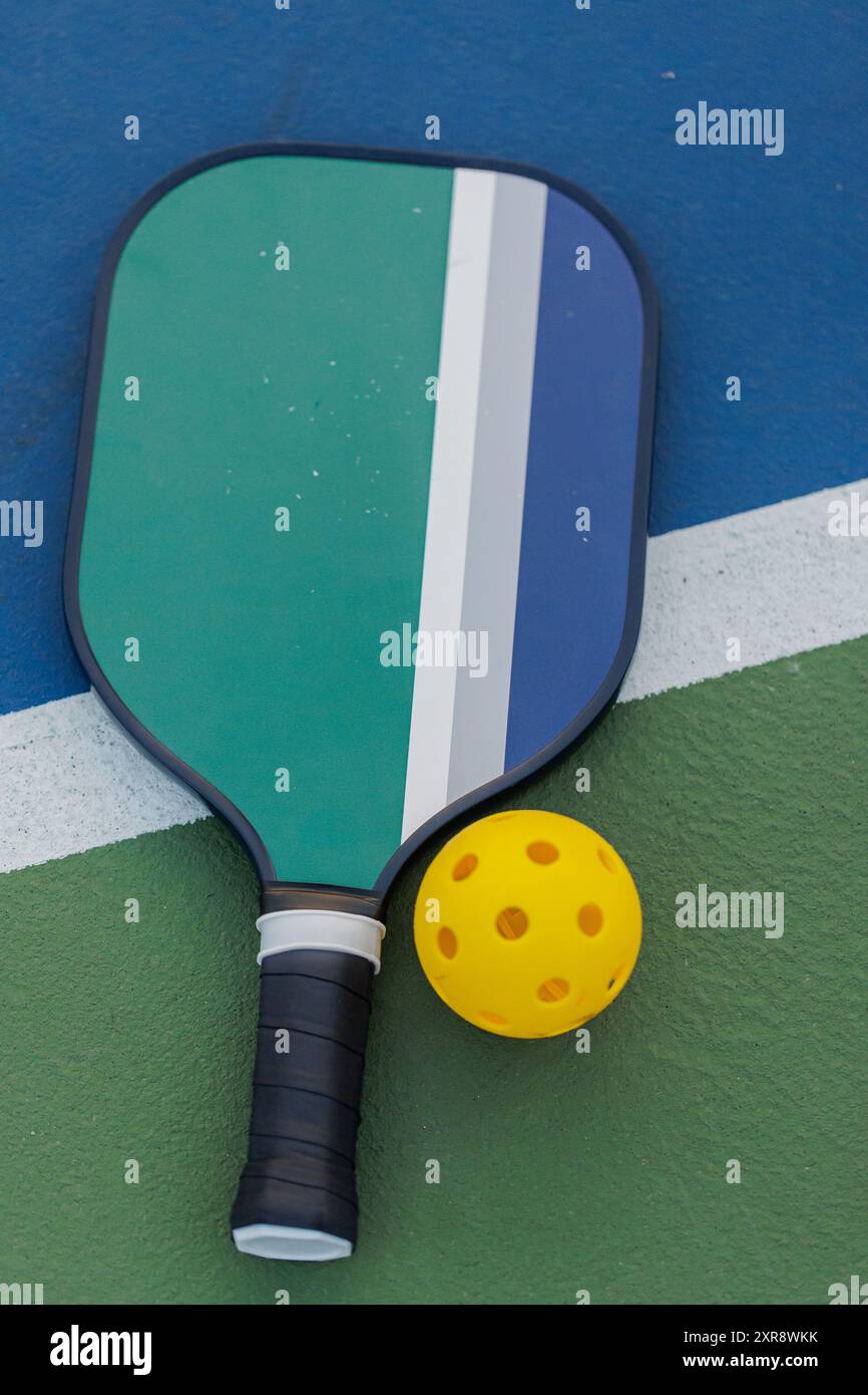 Pagaia da picchetto e palla gialla sul campo verde e blu. Foto Stock